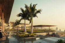 Poolside view with palm trees in the background