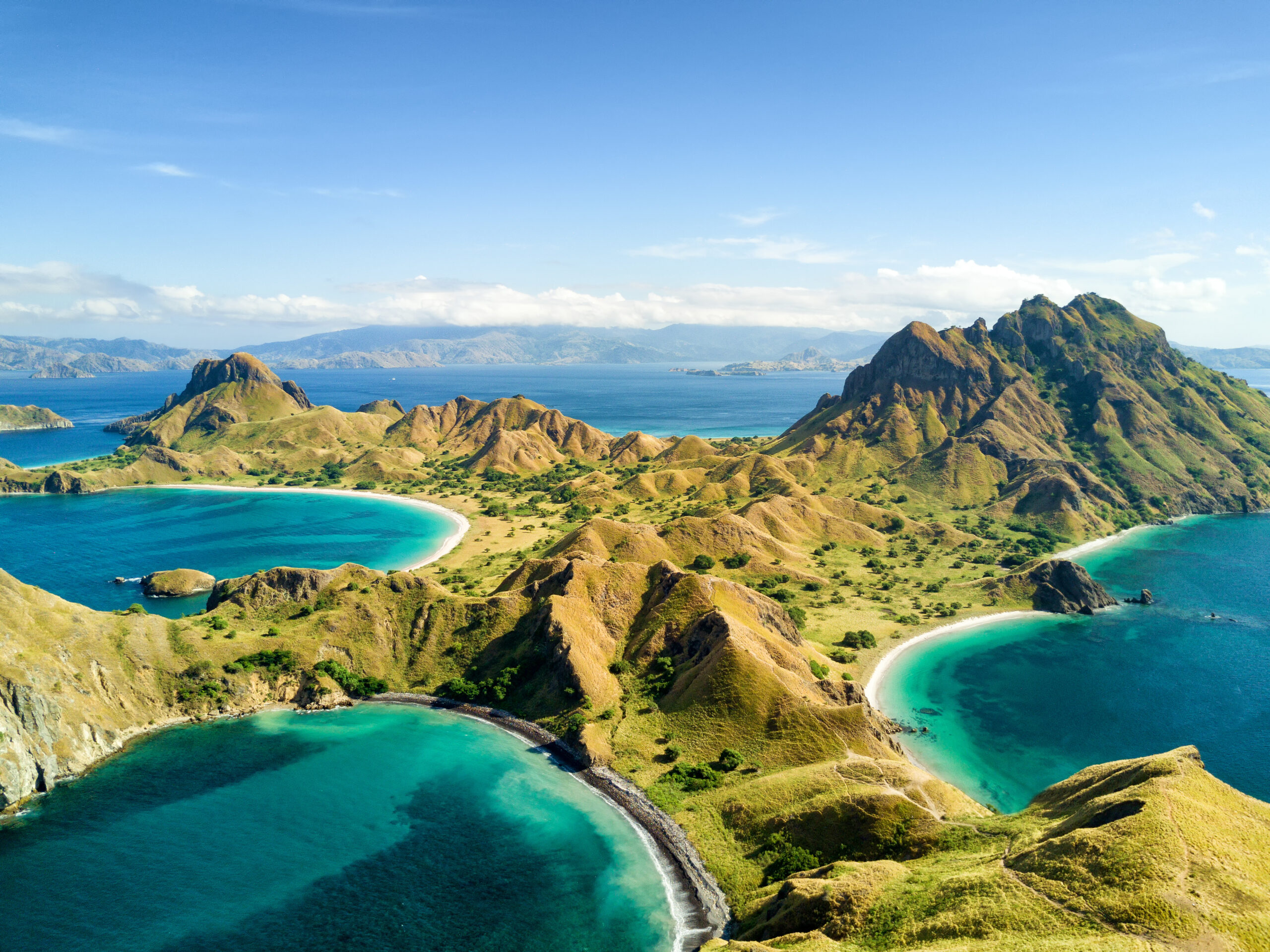 Aerial view of Pulau Padar island in between Komodo and Rinca Islands near Labuan Bajo in Indonesia.