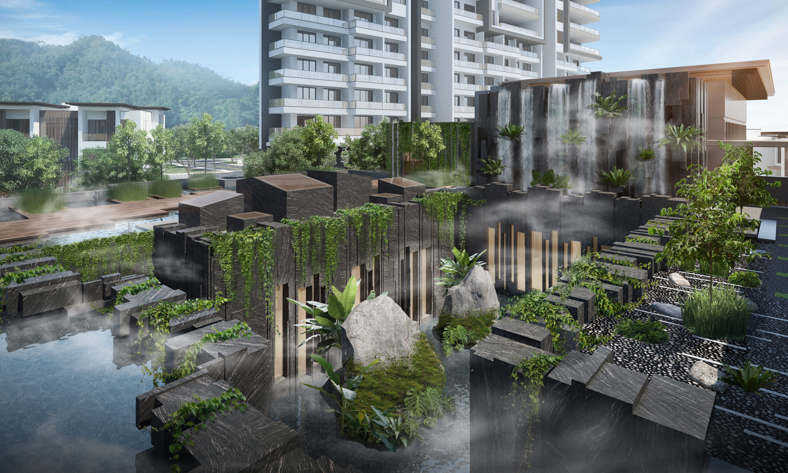 landscape and architecture design at the intercontinental halong bay. dramatic waterfalls.