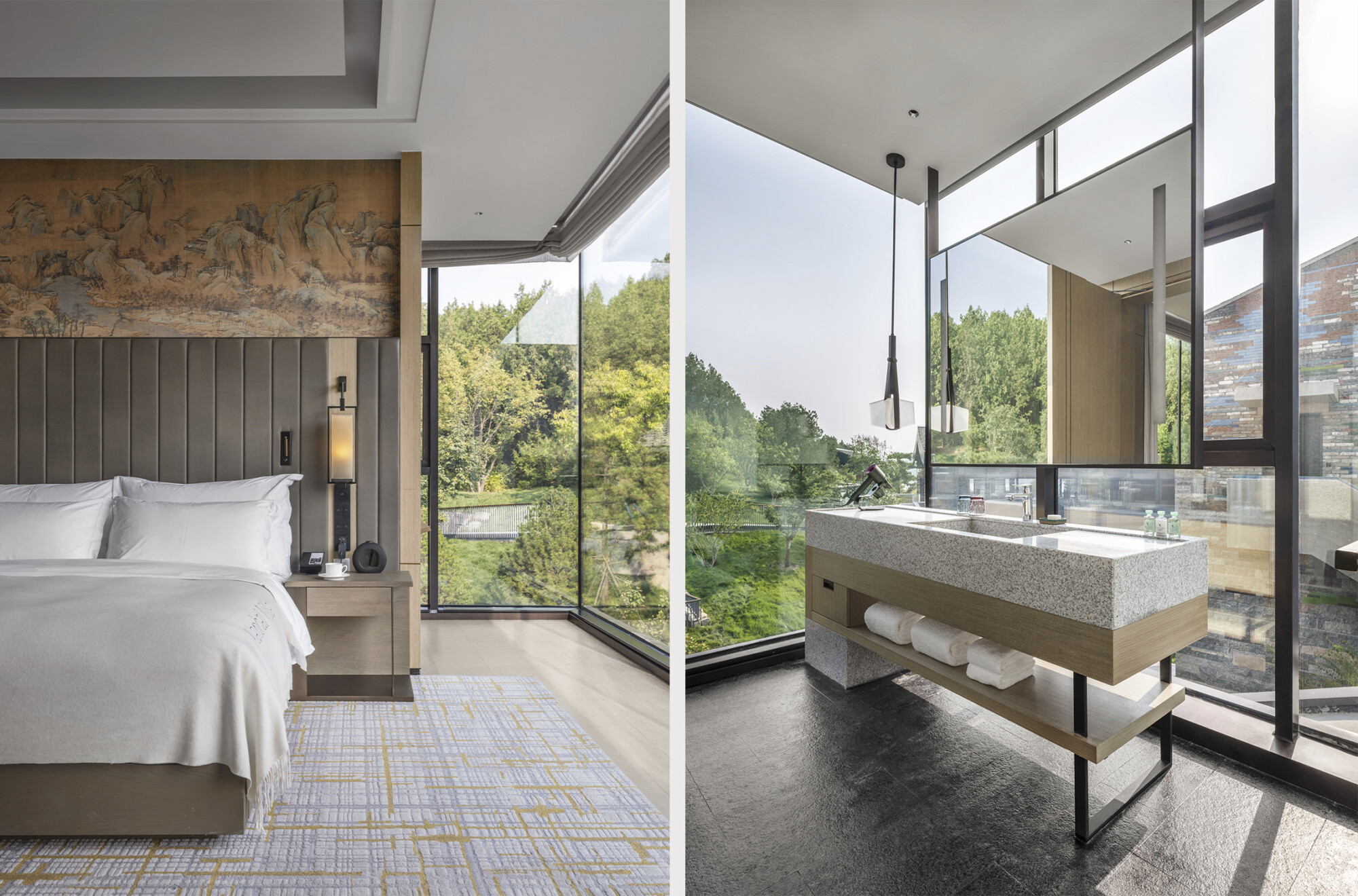 neutral bedroom with chinese mural at yanbai villa, china. bathroom designed by wimberly interiors, panoramic views through floor-to-ceiling windows