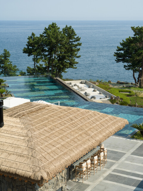 JW Marriot Jeju Aerial Drone of architecture and pool looking out to sea