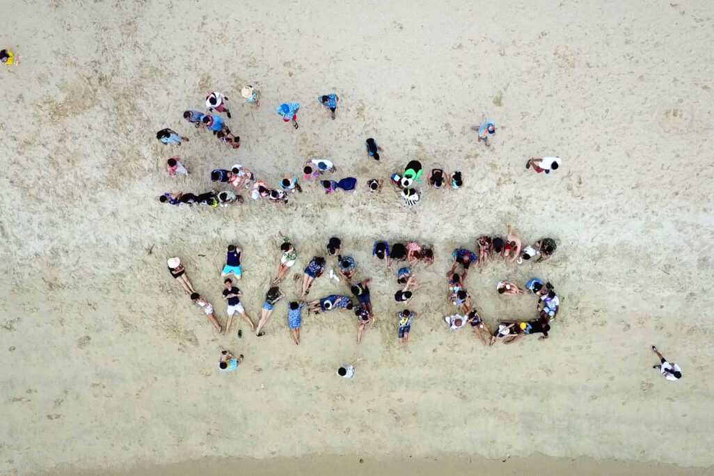 watg staff on beach making watg logo