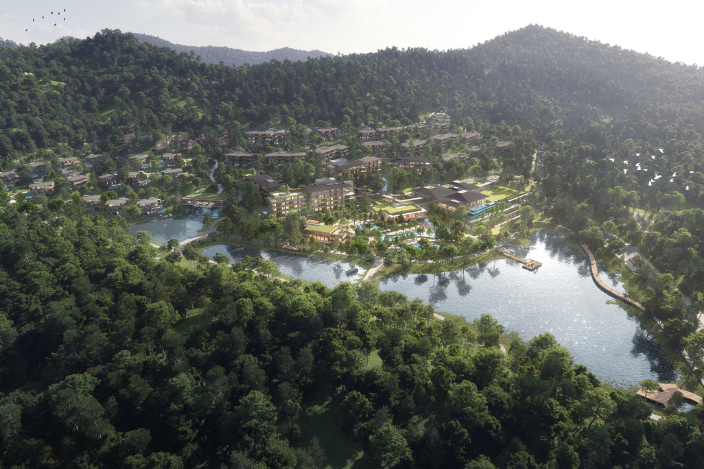 Thanh Xuan Valley aerial render of the resort core set between two lakes and surrounded by tropical forested hillsides, showing the hotel, residences, and waterfront landscaping
