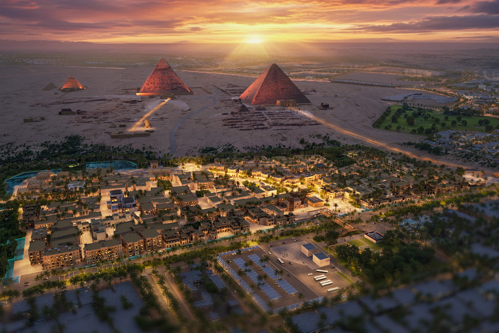 Giza Pyramids Master Plan aerial render at dusk with the pyramids and Sphinx rising above the resort and city grid.