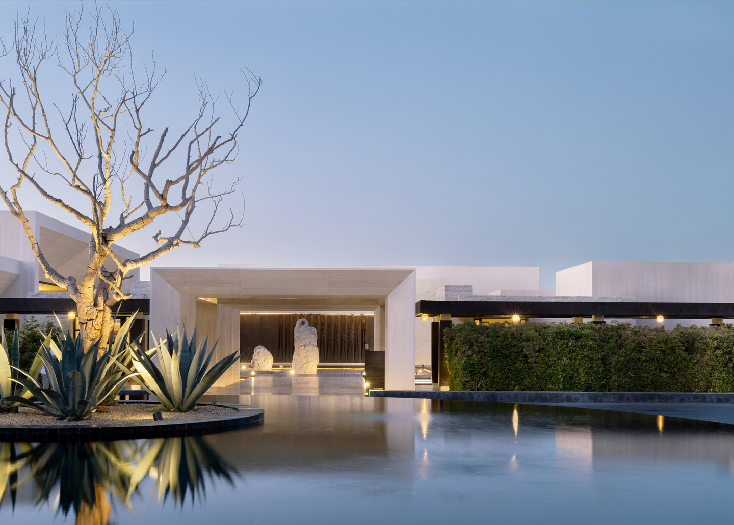 Nobu Hotel Los Cabos minimalist white entrance pavilion with a still reflection pool and sculptural tree.