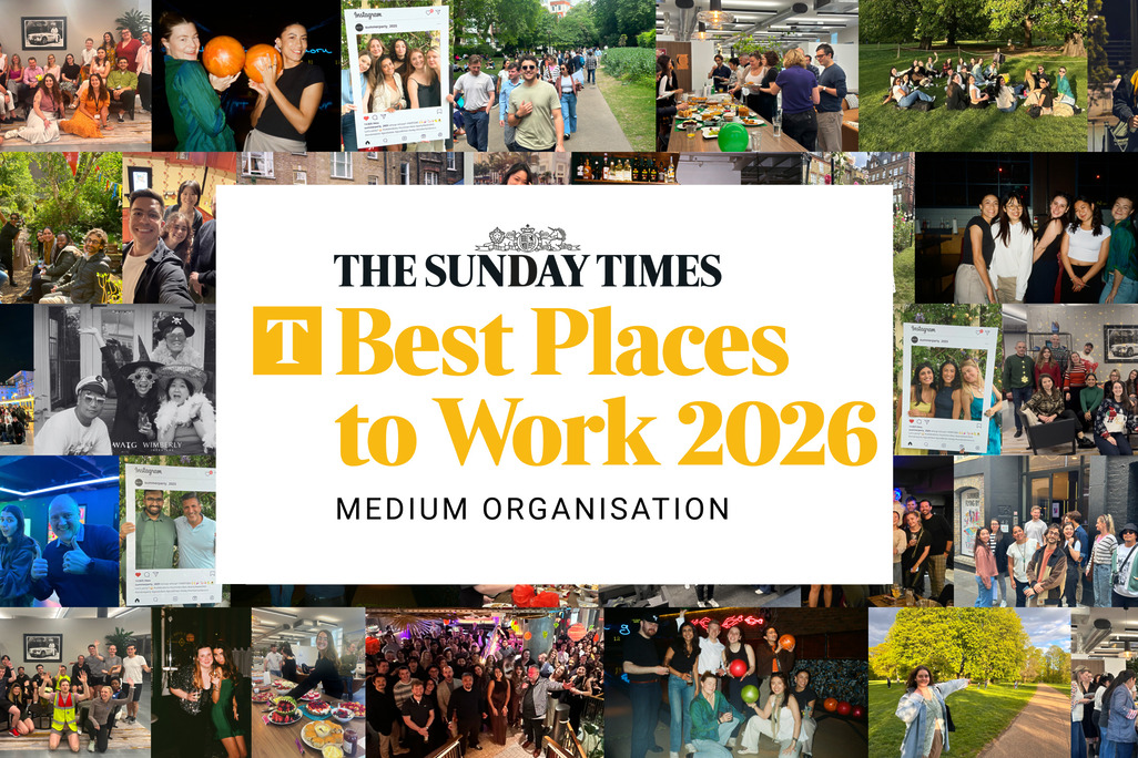 Collage of employee group photos surrounding The Sunday Times Best Places to Work 2026 &mdash; Medium Organization award logo.