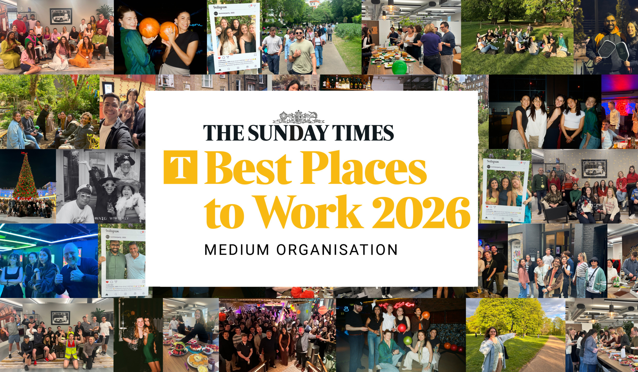Collage of employee group photos surrounding The Sunday Times Best Places to Work 2026 — Medium Organization award logo.