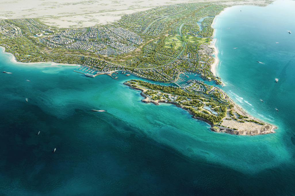 Aerial master plan render of Ras El Hekma mixed-use coastal development, Egypt, featuring marina, residential districts, and urban core on Mediterranean peninsula