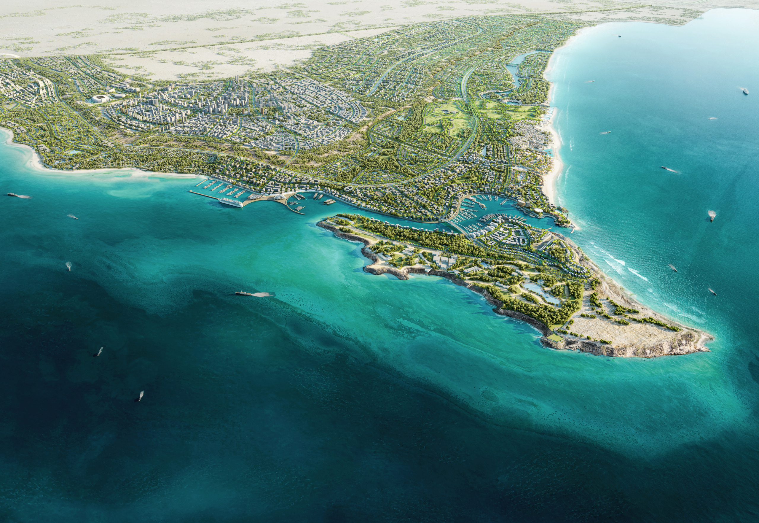 Aerial master plan render of Ras El Hekma mixed-use coastal development, Egypt, featuring marina, residential districts, and urban core on Mediterranean peninsula