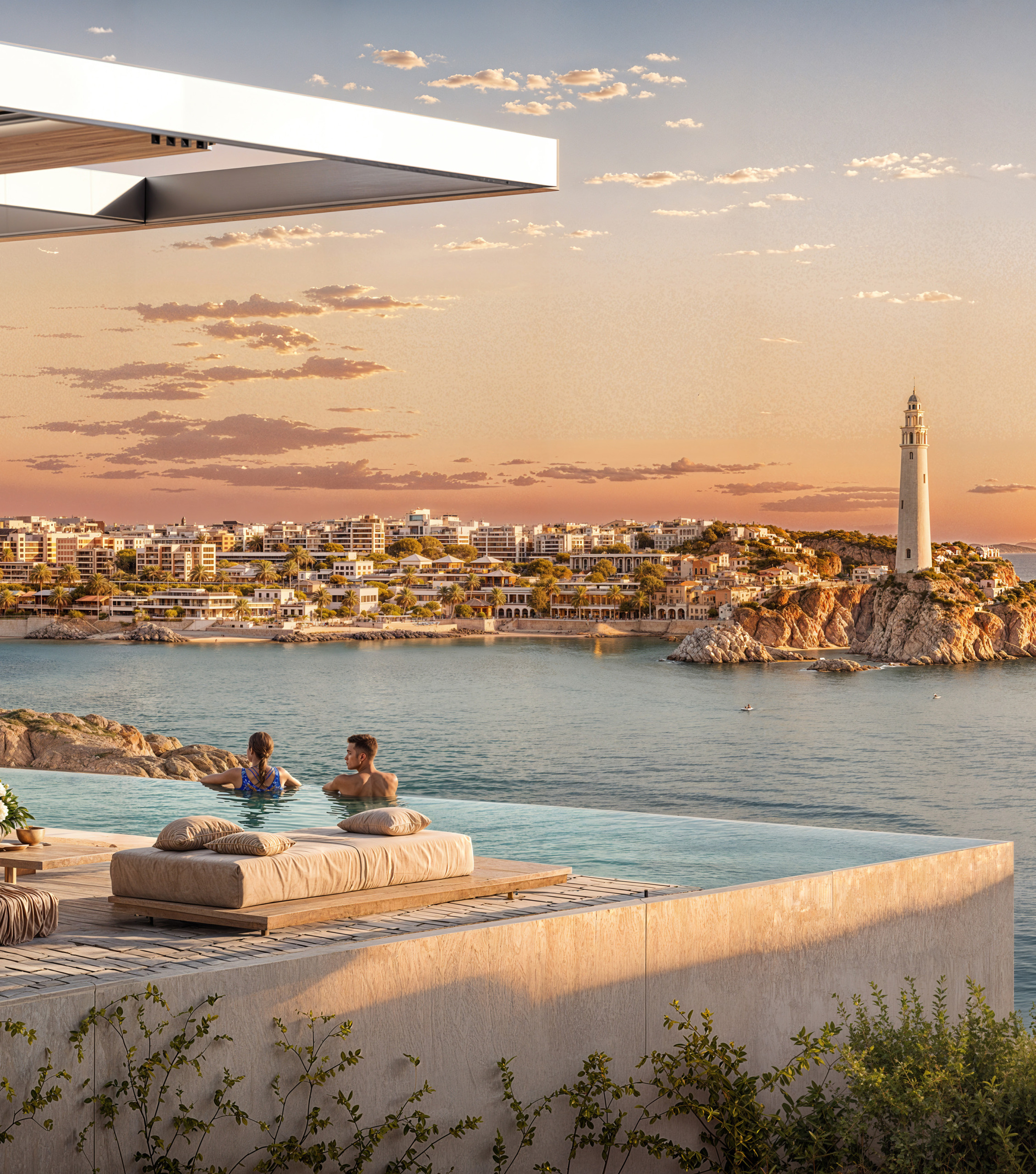 Couple in an infinity pool at sunset overlooking Ras El Hekma's coastal town and lighthouse, Ras El Hekma, Egypt.