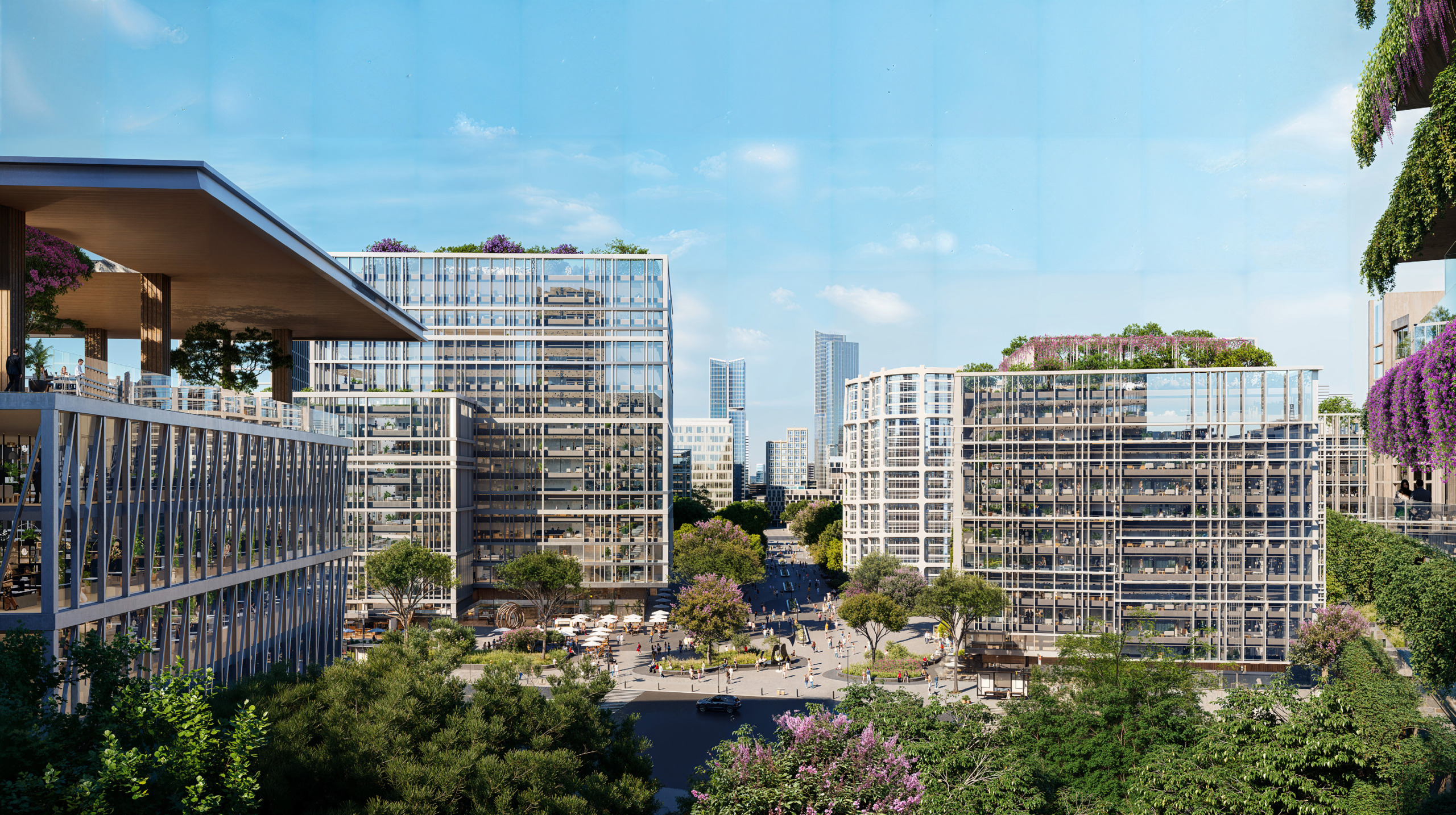 Street-level render of Ras El Hekma's urban business district, with glazed mixed-use blocks, landscaped public plaza, and tower skyline beyond.