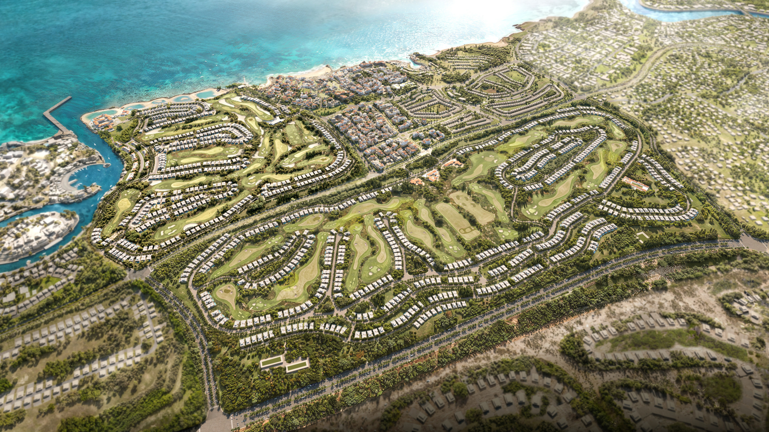 Aerial render of a coastal golf residential community at Ras El Hekma, Egypt, with fairways winding between villa rows and a marina to the west.