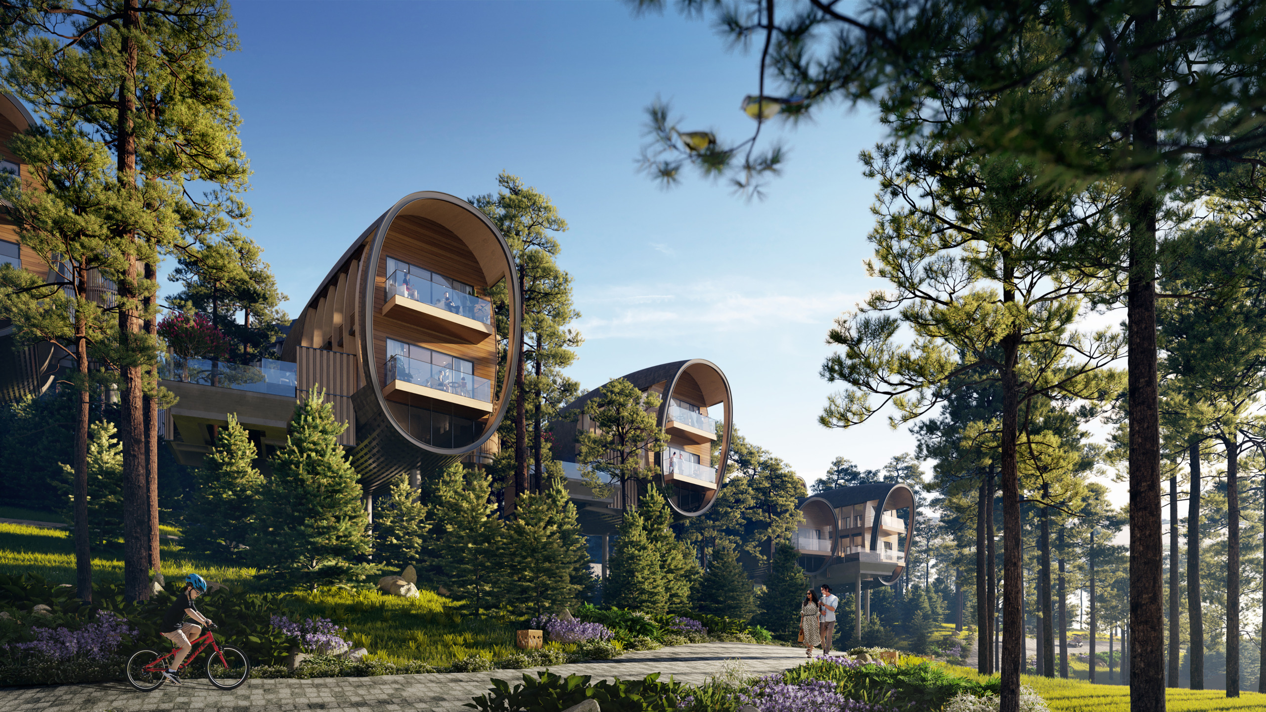 Daytime render of InterContinental Thanh Xuan Valley guest wings, featuring distinctive curved, tunnel-like timber pavilions with balconies nestled among pine trees, with a cyclist and pedestrians on a path in the foreground.