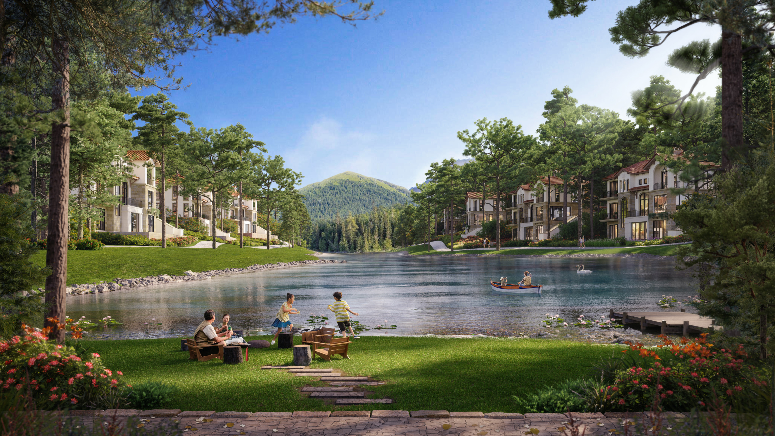 Daytime render of Thanh Xuan Valley's residential villas lining a pine-forested lakeshore, with families relaxing on the grass, children playing by the water, and a rowboat and swans on the lake, mountains visible in the background.