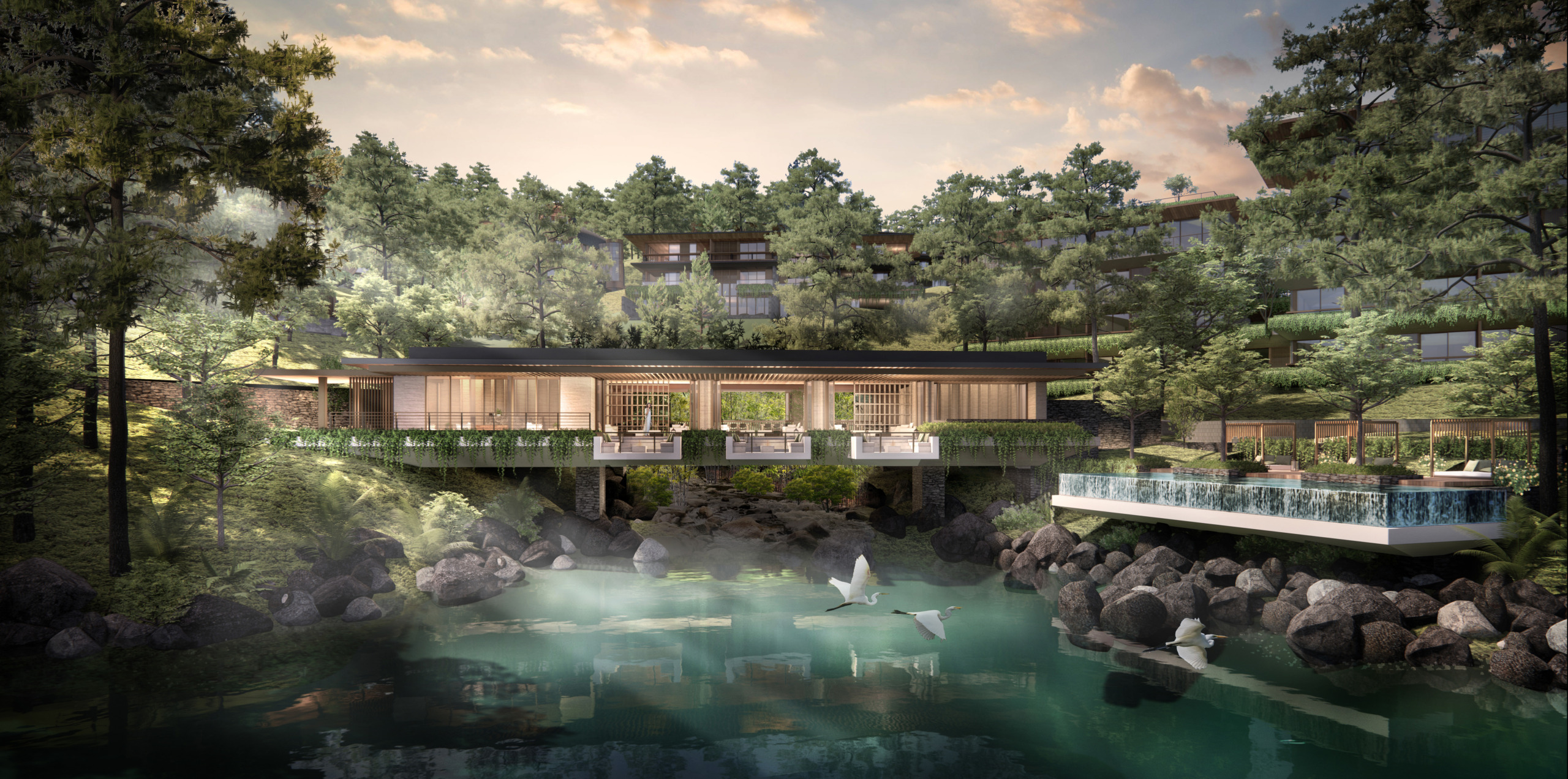 Rendering of a modern riverside pavilion nestled in dense forest, with a turquoise mineral spring in the foreground and tiered residential terraces rising through the canopy at Thanh Xuan Valley.