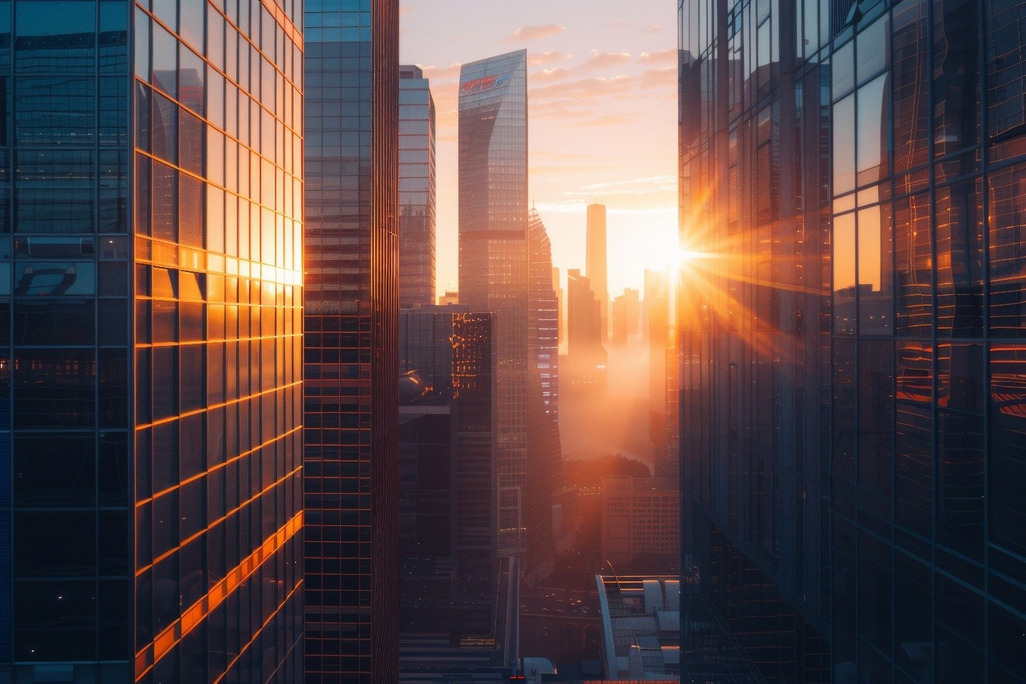 Downtown skyscraper canyon at sunset, sunlight reflecting orange across glass facades of tall office buildings viewed from street level. Sunbelt hospitality design