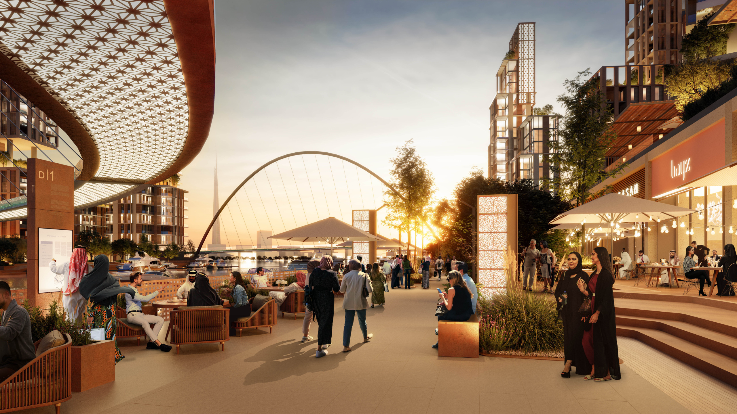Sunset rendering of MARAFY's Upper Grand Canal promenade, with people walking and dining beneath a lattice-patterned canopy, retail storefronts, and an arched pedestrian bridge over the canal in the background.