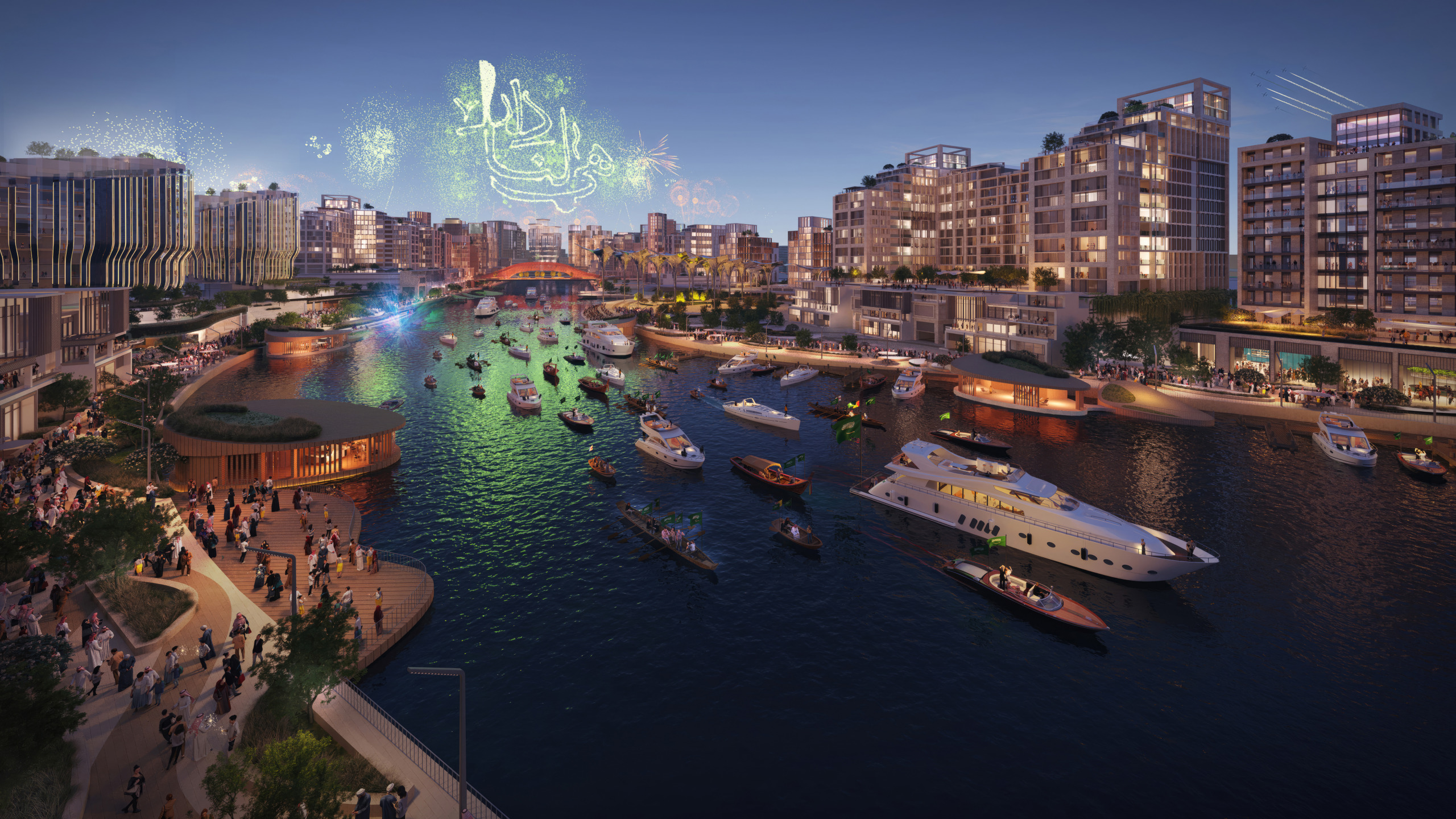 Twilight rendering of MARAFY's canal during Saudi National Day celebrations, with boats and yachts filling the waterway, fireworks and Arabic calligraphy lighting the sky, and crowds gathered along the waterfront promenade.