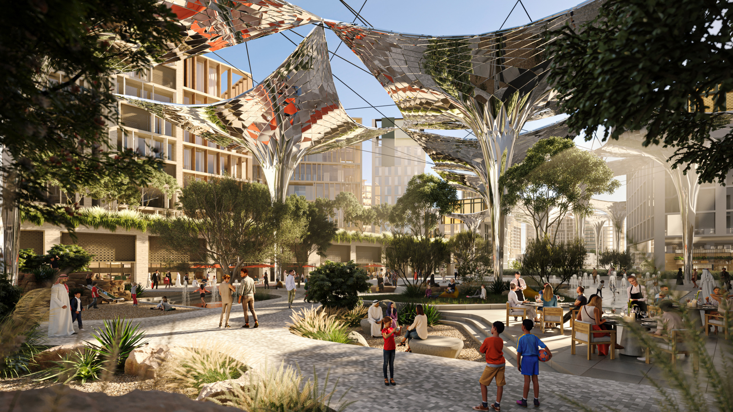 Daytime rendering of MARAFY's shaded public plaza, with sculptural tensile canopies overhead, fountains, dining areas, and residents and children gathered along a landscaped pedestrian walkway.