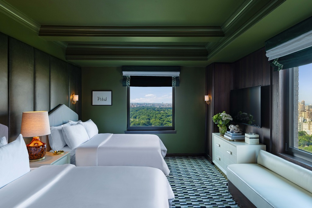 Green color-drenched double room with checkered floor and Central Park view, Promenade Suite, JW Marriott Essex House.