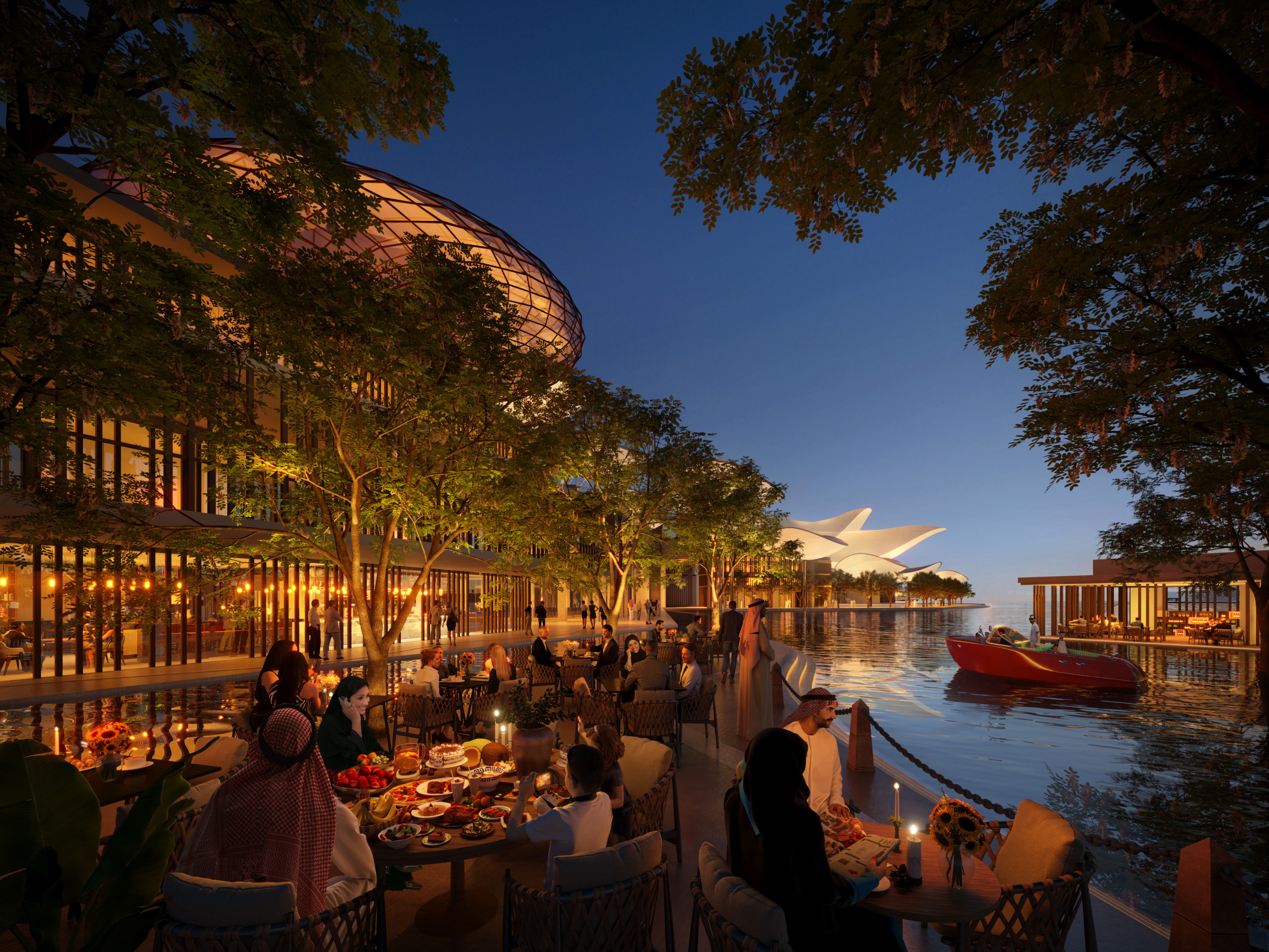 Evening rendering of a waterfront dining promenade lit by string lights and candles, with families and groups seated at outdoor tables, a boat passing by, and a sculptural white building visible across the water.