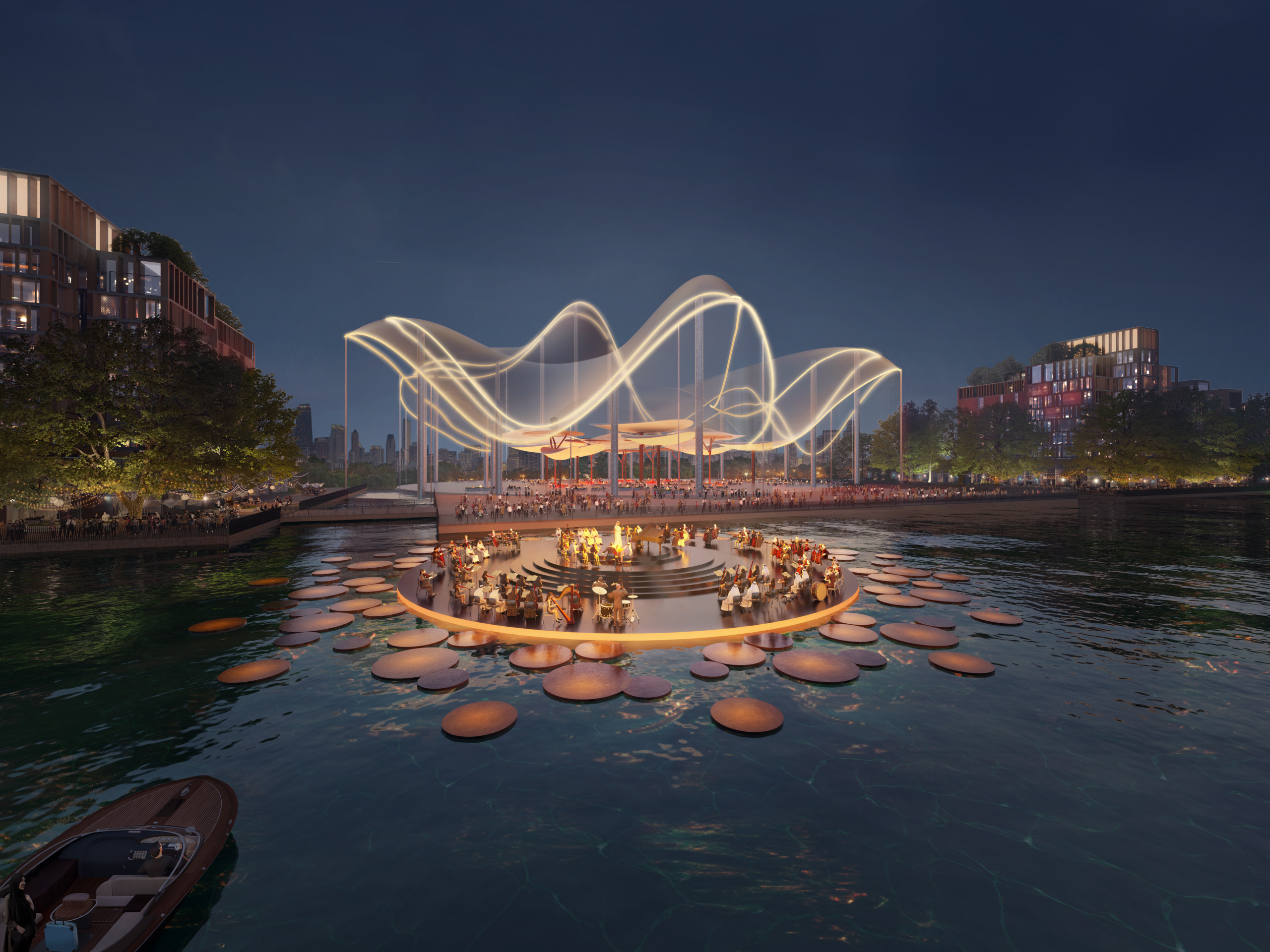 Nighttime rendering of a floating circular stage on water, surrounded by lily pad-shaped platforms, hosting an orchestra performance beneath a sweeping illuminated canopy, with a city skyline and waterfront buildings in the background.