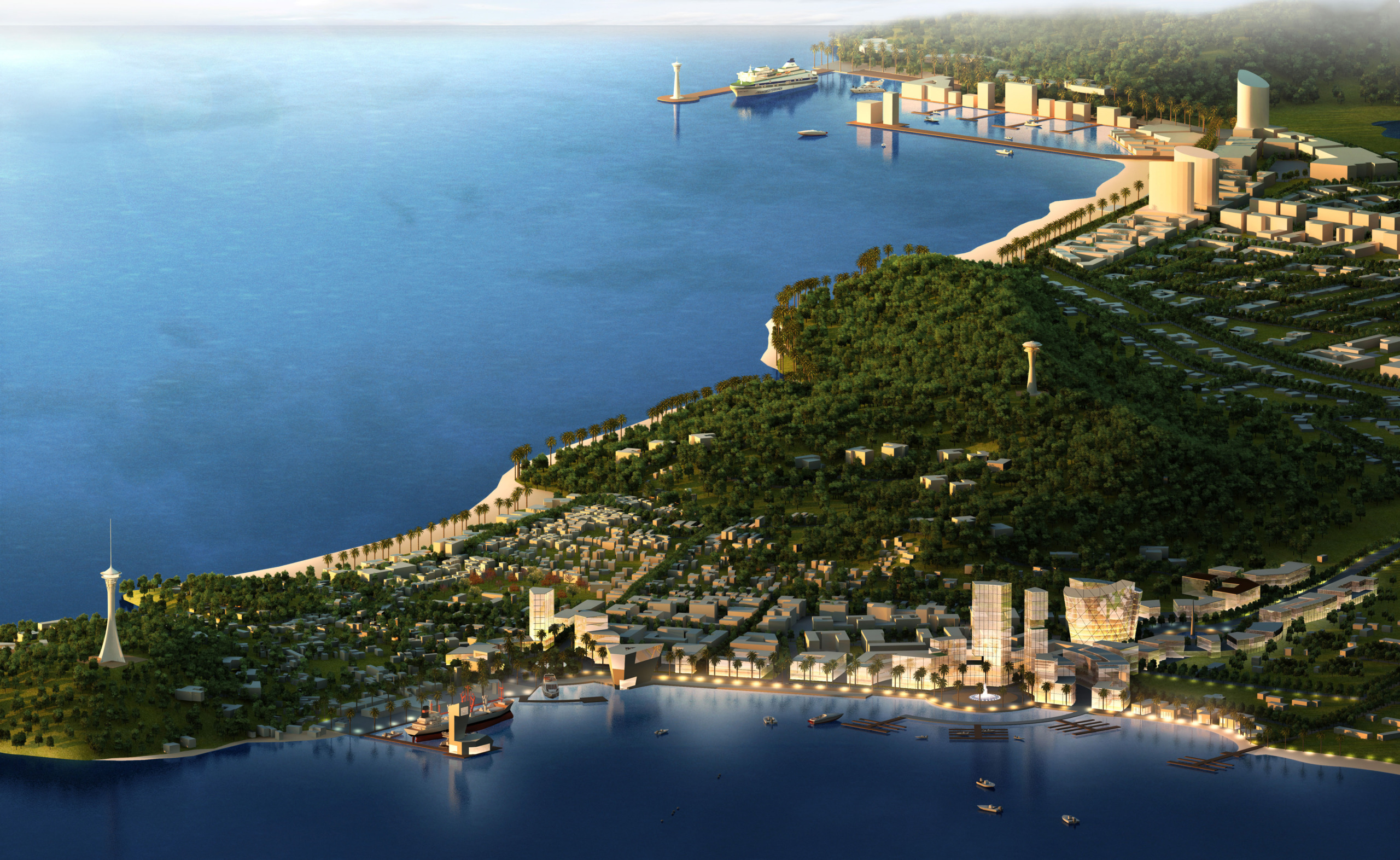 Aerial rendering of a Phu Quoc coastal masterplan showing a curved bay lined with palm trees, low-rise resort buildings, a landscaped waterfront promenade, marina piers, and a forested headland with an observation tower, overlooking the South China Sea at dusk.
