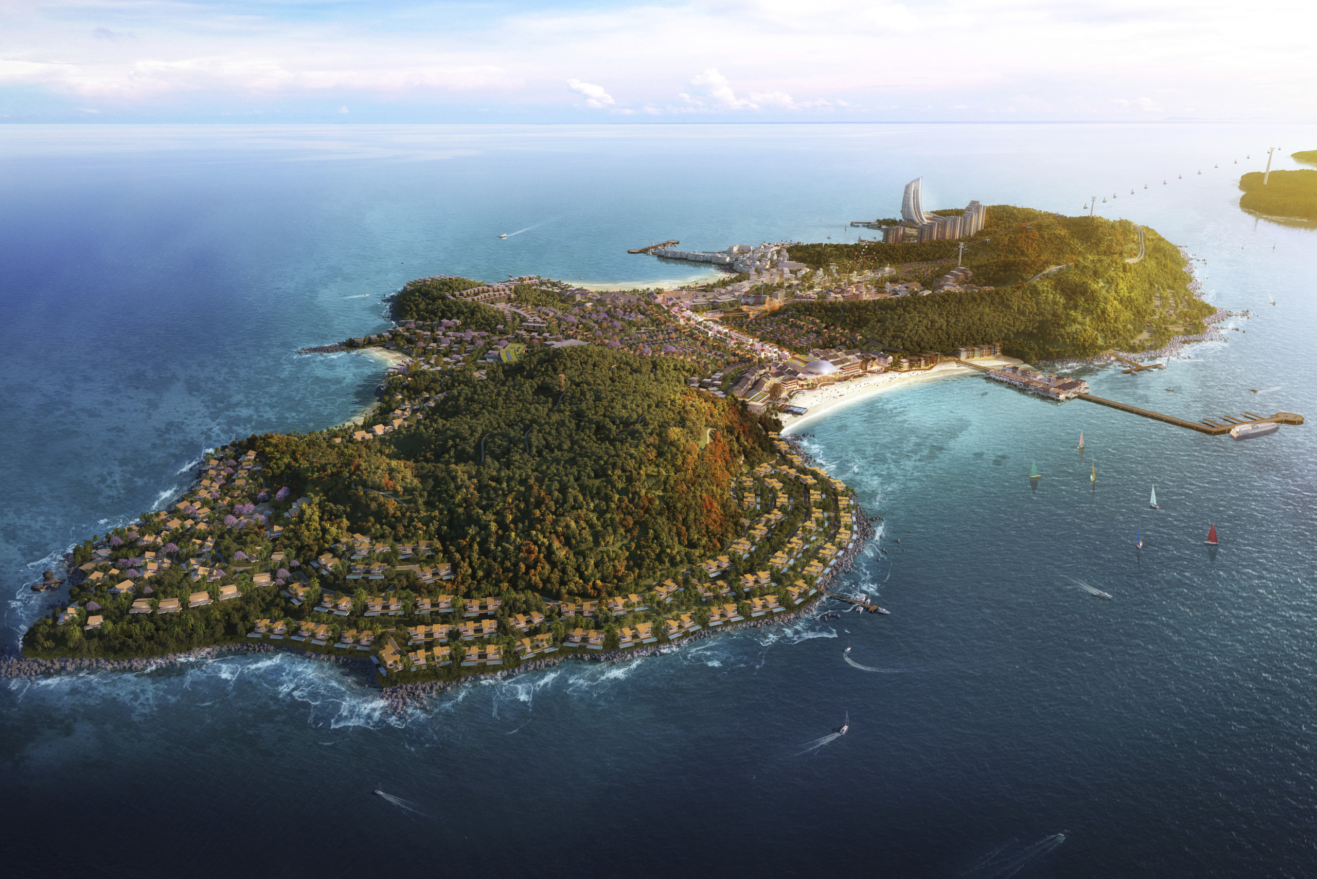 Aerial rendering of a Hon Thom (Thom Island) resort masterplan near Phu Quoc, Vietnam, showing overwater and hillside villas ringing the coastline, a beachfront hotel tower, marina, cable car line, and sailboats offshore.