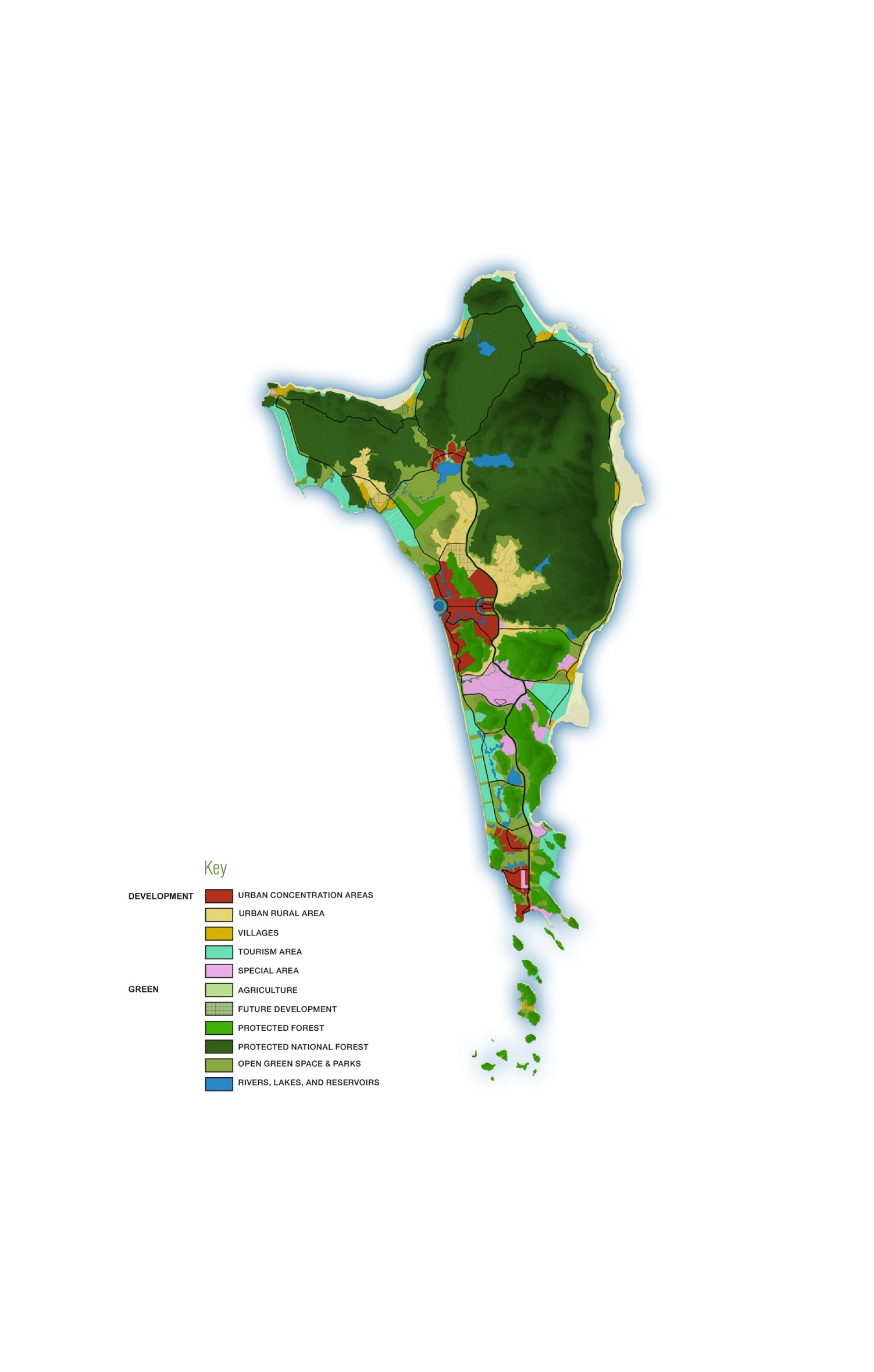 Land-use zoning map of Phu Quoc Island, Vietnam, showing the 2030 master plan vision. The island's interior is dominated by dark green protected national forest, with urban concentration areas (red) clustered along the western coast near the airport and southern tip. Tourism zones (teal) line the coastline, agricultural and open green space fill the remaining land, and scattered blue patches mark rivers, lakes, and reservoirs. A legend at bottom left categorizes eleven zone types under 'Development' and 'Green' headings.