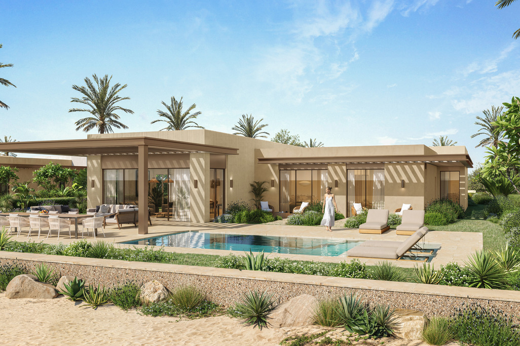 Rendering of a single-story villa at Alam Al Roum on Egypt&rsquo;s North Coast, with a pergola-shaded terrace, pool and desert garden.