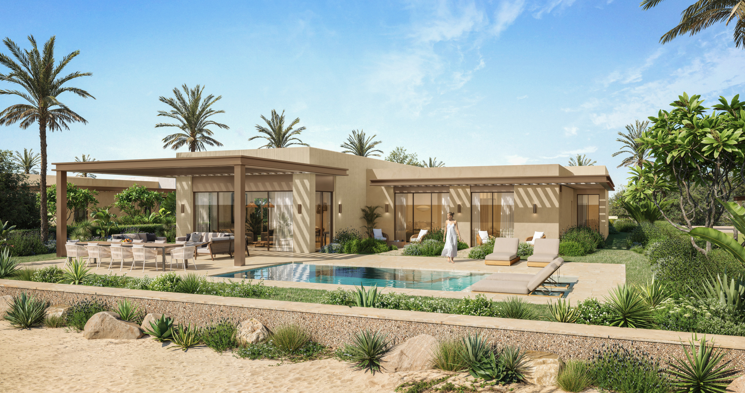 Rendering of a single-story villa at Alam Al Roum on Egypt’s North Coast, with a pergola-shaded terrace, pool and desert garden.