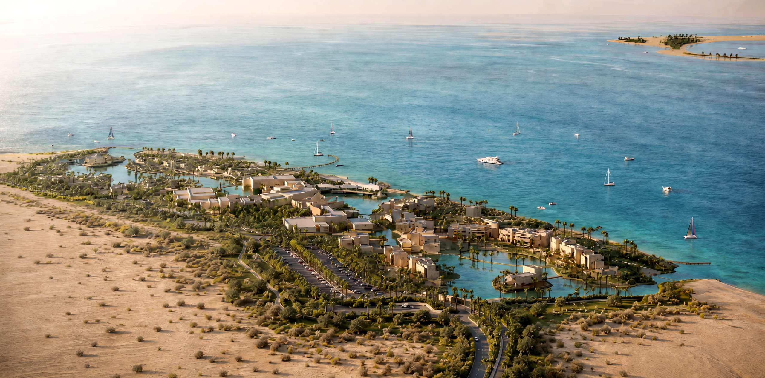 Saltwater lagoon framed by low sand-colored pavilions at Zulal Wellness Resort by Chiva-Som, Qatar.