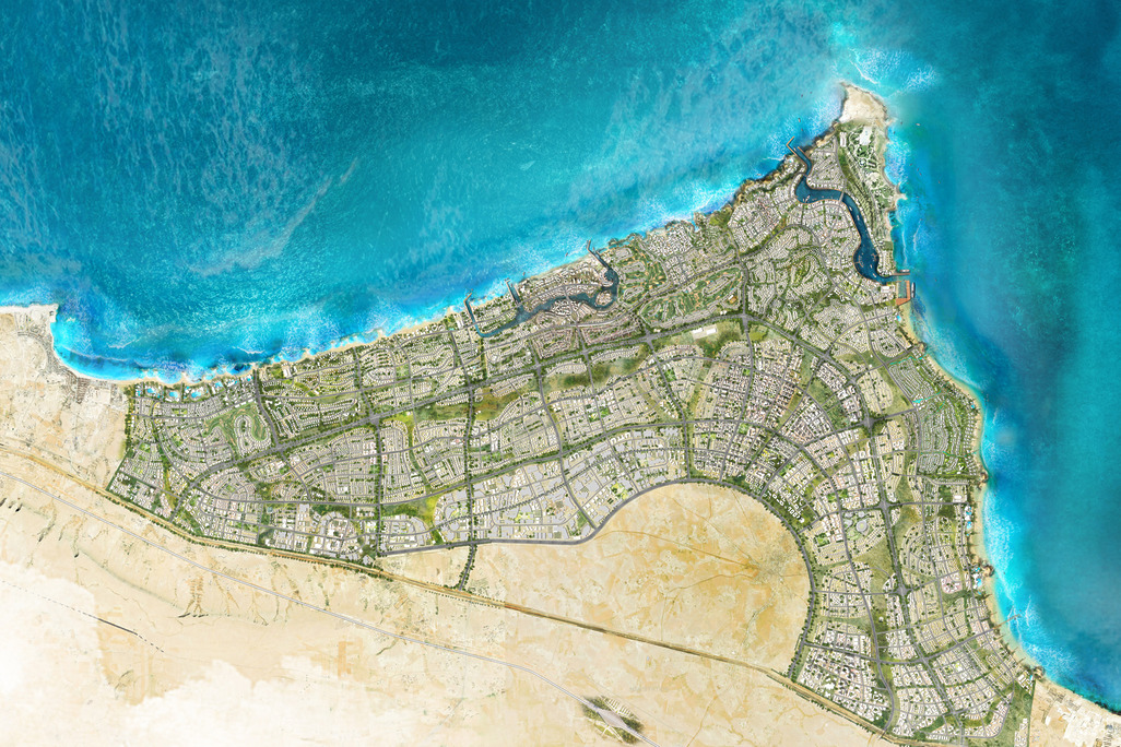 Aerial masterplan rendering of Ras El Hekma on Egypt&rsquo;s Mediterranean coast, with marinas, green corridors and an urban grid.
