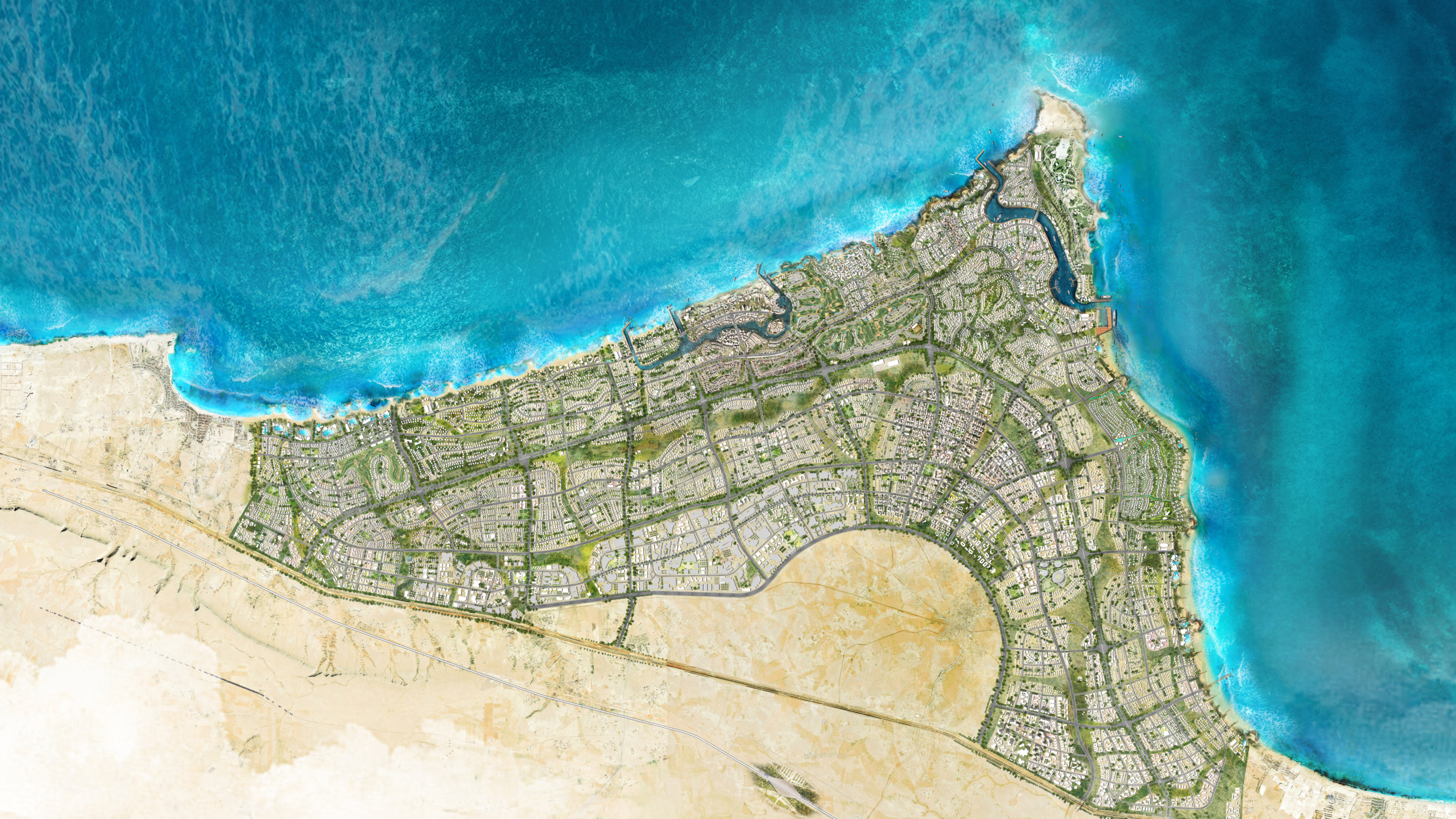 Aerial masterplan rendering of Ras El Hekma on Egypt’s Mediterranean coast, with marinas, green corridors and an urban grid.