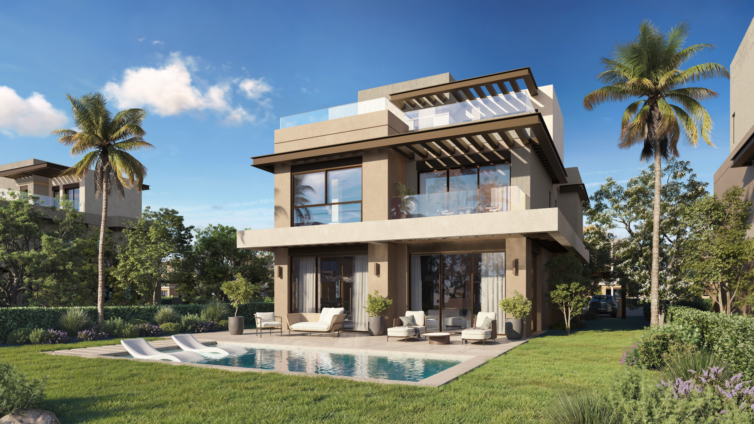 Rendering of a three-story villa at Alam Al Roum, Egypt, with timber pergolas, glass balconies, a roof terrace and garden pool.