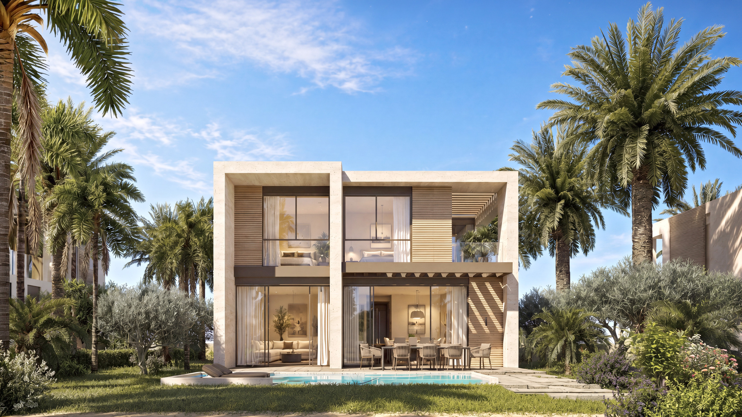 Rendering of a two-story villa at Alam Al Roum, Egypt, with stone-framed glazing, timber screens and a pool set among palms and olives