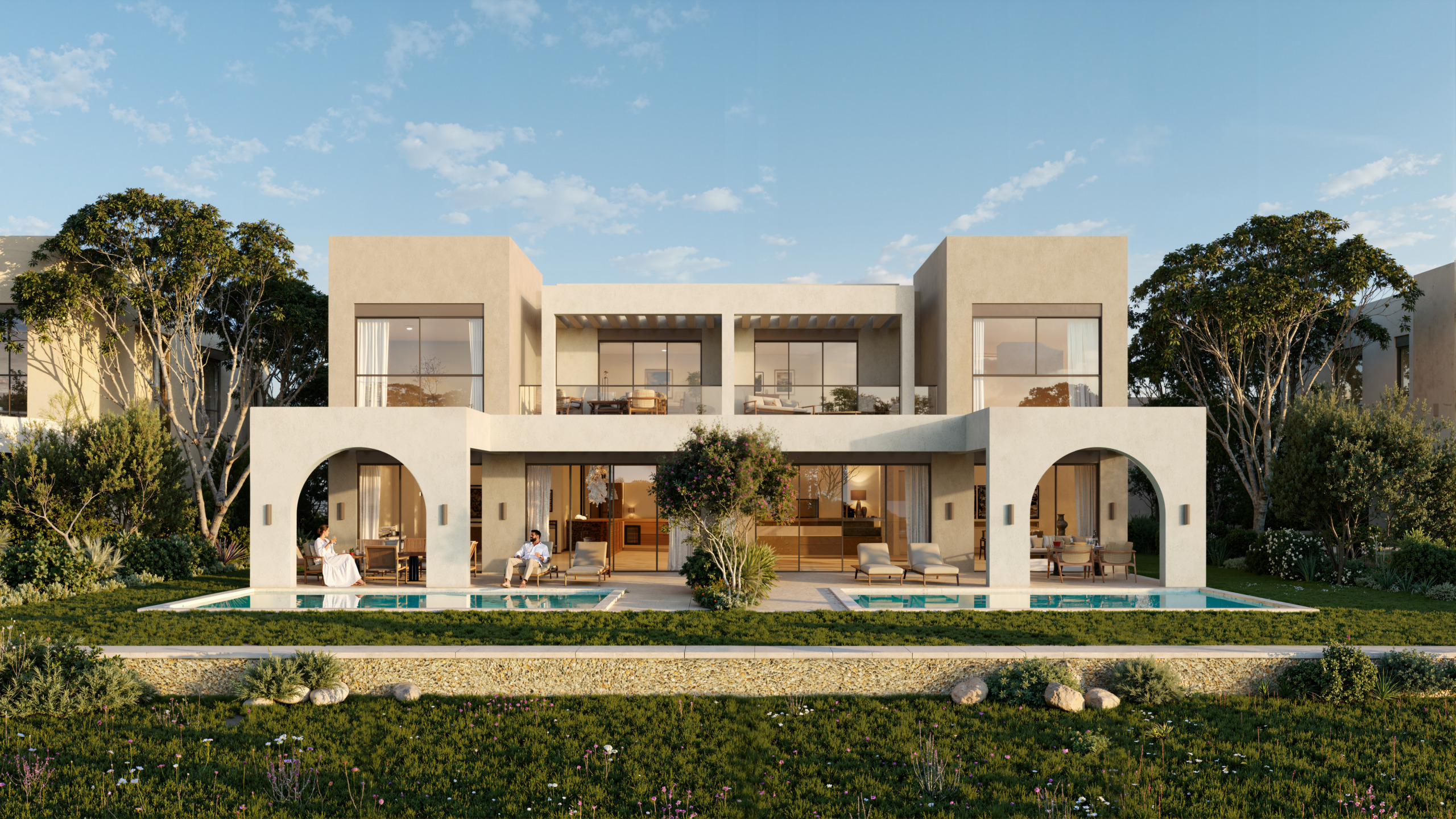 Rendering of a two-story twin villa at Alam Al Roum, Egypt, with arched loggias, shaded terraces and private pools facing a garden